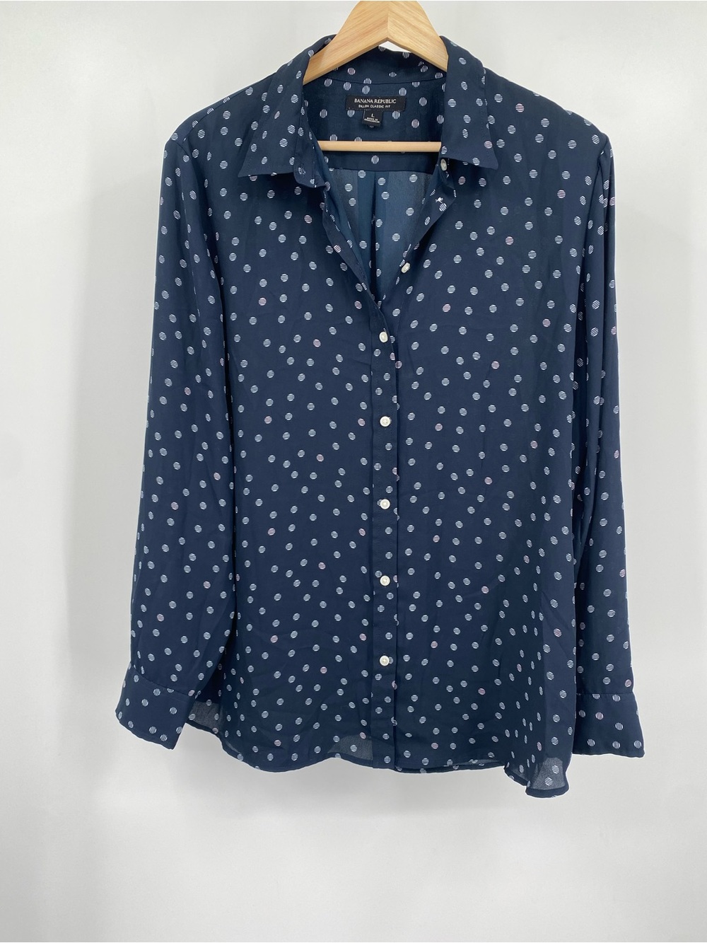Banana Republic polka dot long-sleeve blouse Navy Blue Size Large - Picture 4 of 12